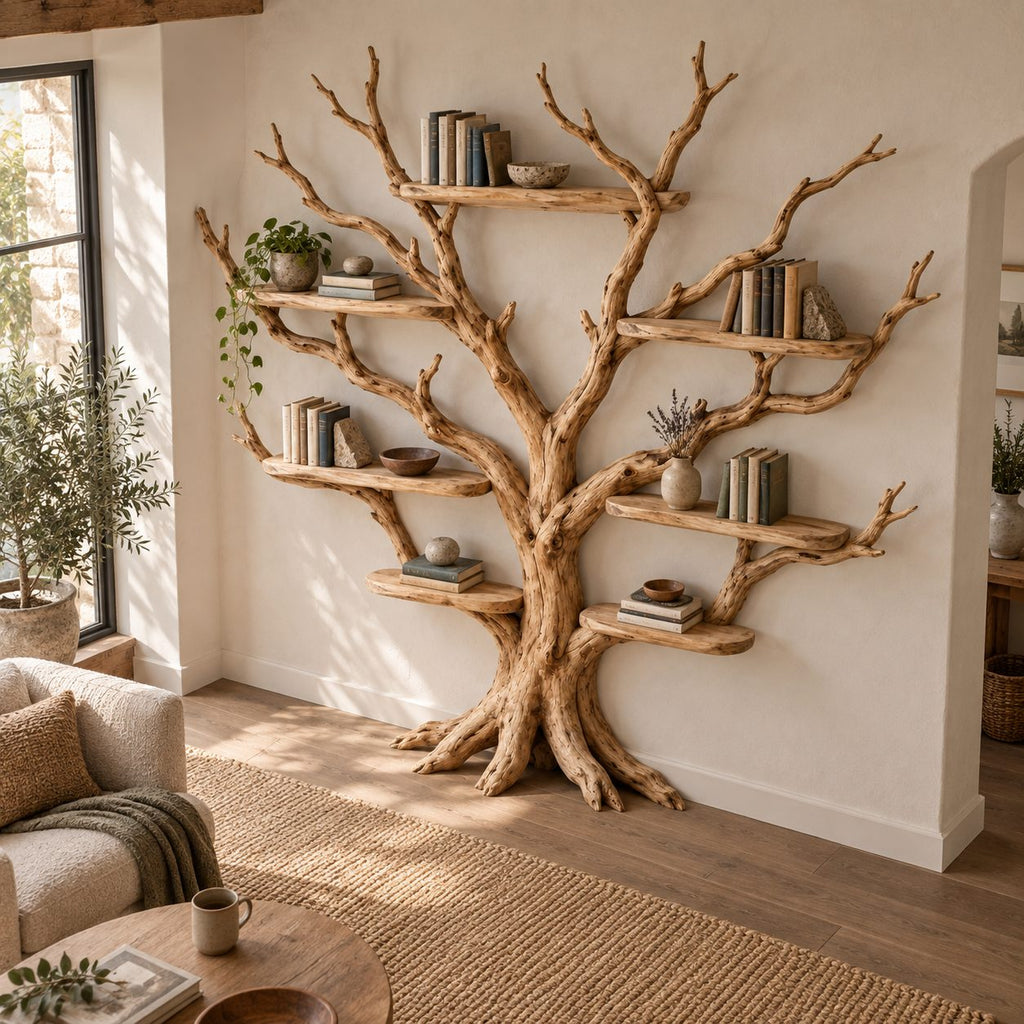 Spreading Tree-Branch Solid Wood Bookshelf - Wide Freestanding Bookcase for Living Room