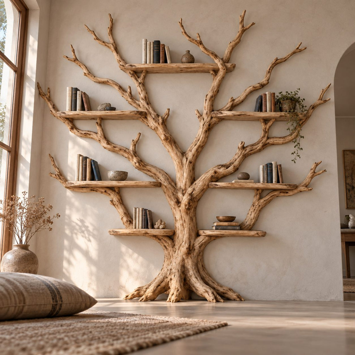 Spreading Tree-Branch Solid Wood Bookshelf - Wide Freestanding Bookcase for Living Room