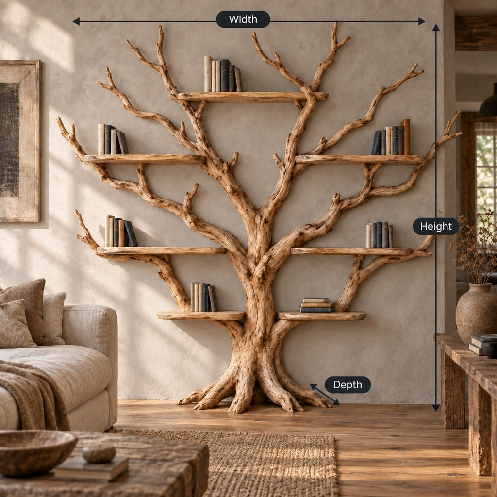 Spreading Tree-Branch Solid Wood Bookshelf - Wide Freestanding Bookcase for Living Room