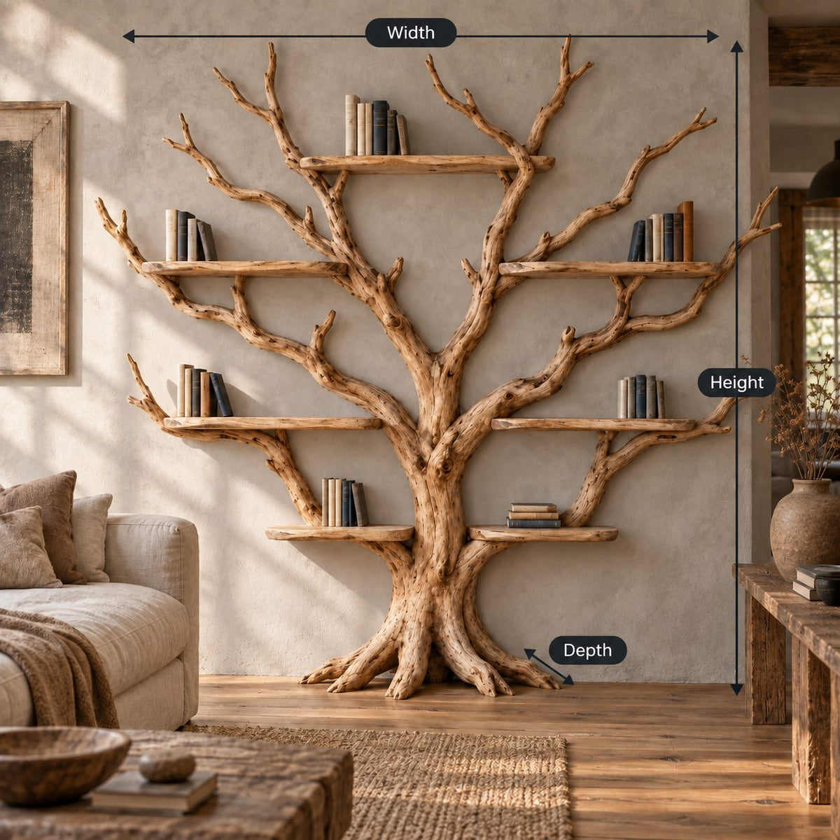 Spreading Tree-Branch Solid Wood Bookshelf - Wide Freestanding Bookcase for Living Room