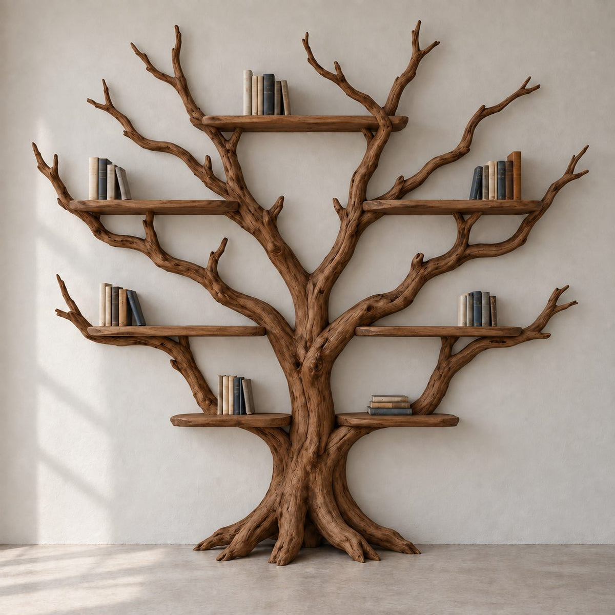 Spreading Tree-Branch Solid Wood Bookshelf - Wide Freestanding Bookcase for Living Room