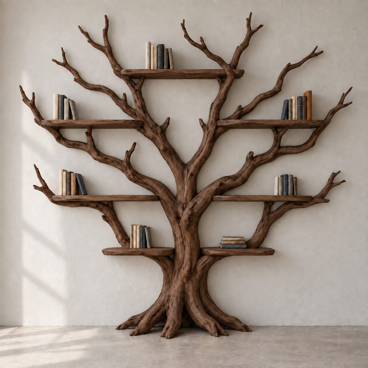 Spreading Tree-Branch Solid Wood Bookshelf - Wide Freestanding Bookcase for Living Room