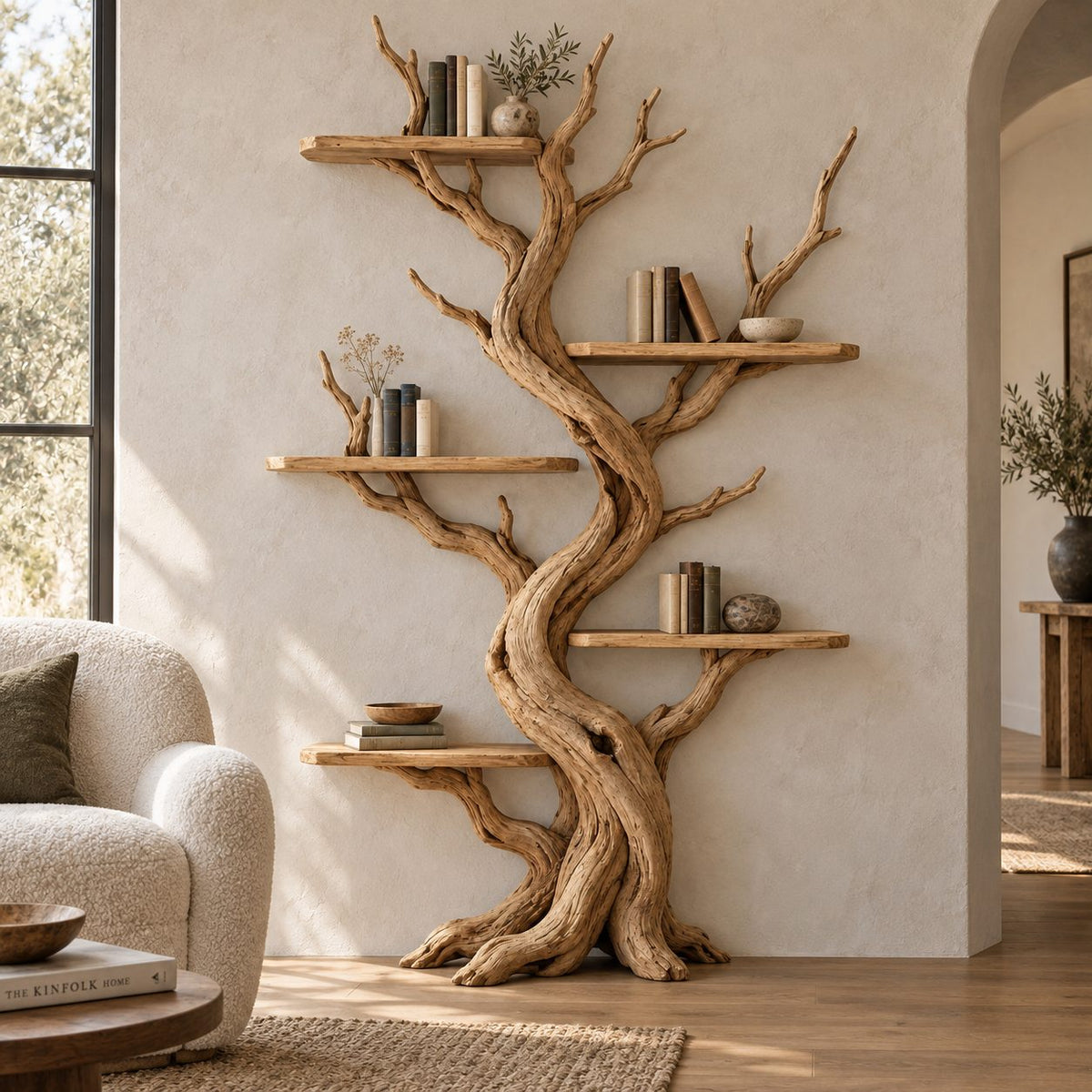 Twisting Trunk Solid Wood Bookshelf - Tall Sculptural Tree Bookcase for Living Room & Study