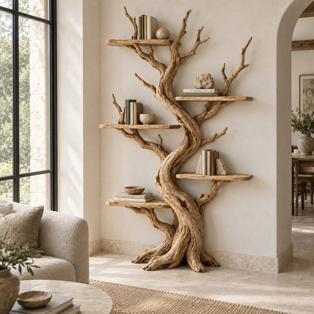 Twisting Trunk Solid Wood Bookshelf - Tall Sculptural Tree Bookcase for Living Room & Study
