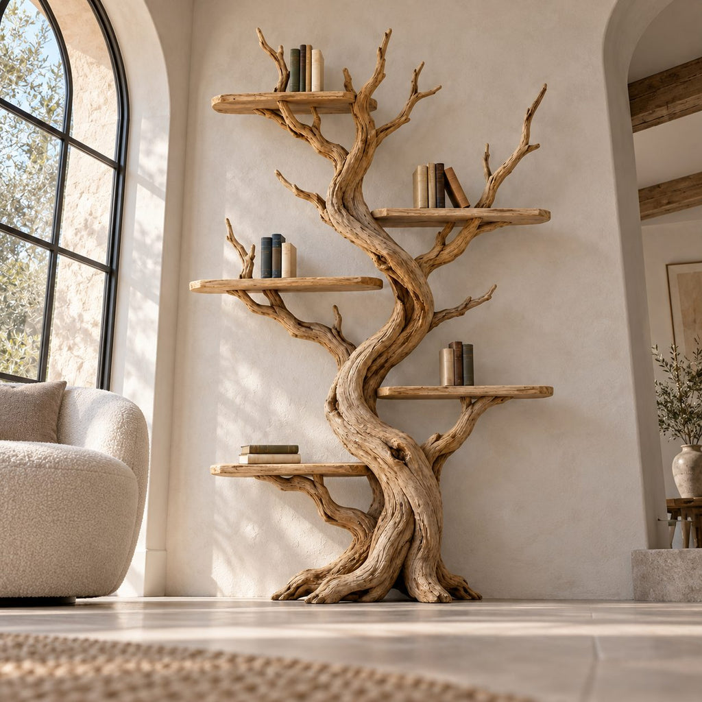 Twisting Trunk Solid Wood Bookshelf - Tall Sculptural Tree Bookcase for Living Room & Study