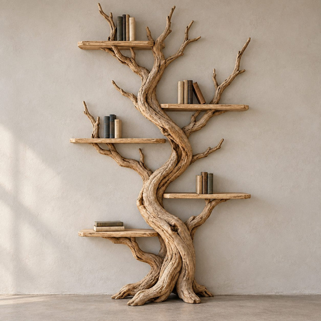 Twisting Trunk Solid Wood Bookshelf - Tall Sculptural Tree Bookcase for Living Room & Study