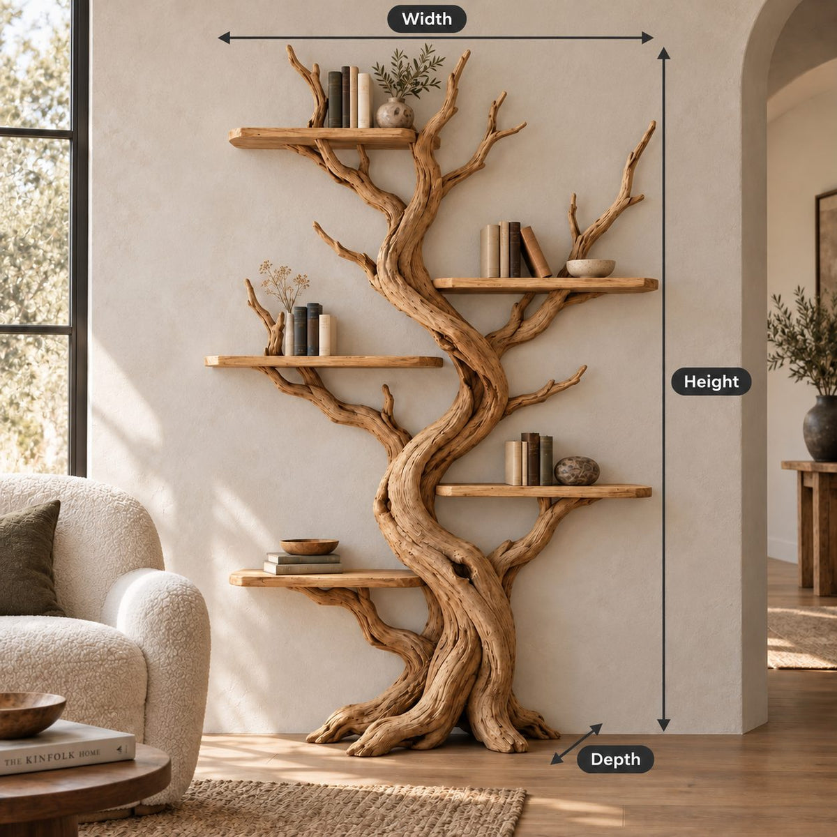 Twisting Trunk Solid Wood Bookshelf - Tall Sculptural Tree Bookcase for Living Room & Study