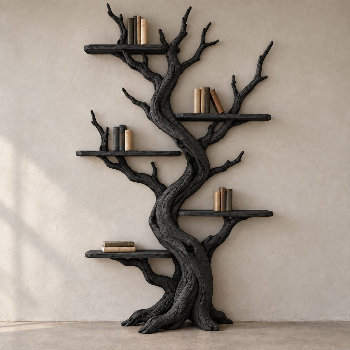 Twisting Trunk Solid Wood Bookshelf - Tall Sculptural Tree Bookcase for Living Room & Study