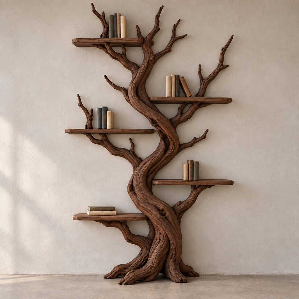 Twisting Trunk Solid Wood Bookshelf - Tall Sculptural Tree Bookcase for Living Room & Study