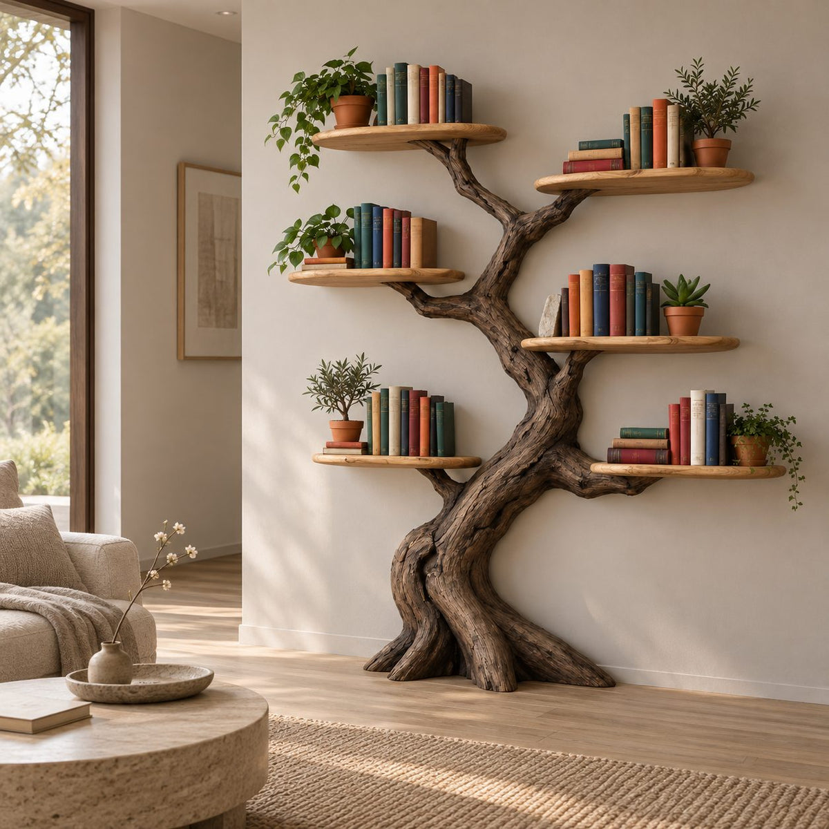 Oval-Shelf Tree Wall Mounted Bookshelf - Solid Wood Branch Bookcase for Living Room & Study