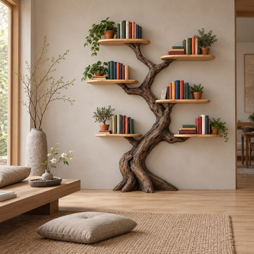 Oval-Shelf Tree Wall Mounted Bookshelf - Solid Wood Branch Bookcase for Living Room & Study