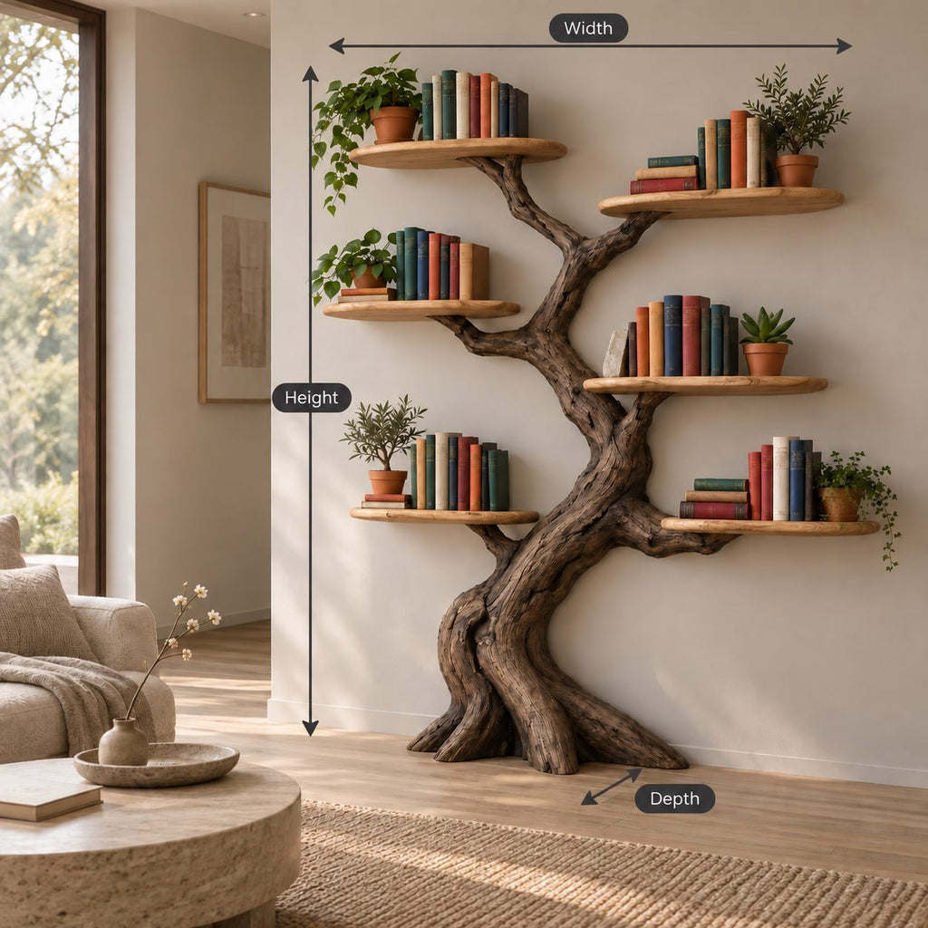 Oval-Shelf Tree Wall Mounted Bookshelf - Solid Wood Branch Bookcase for Living Room & Study