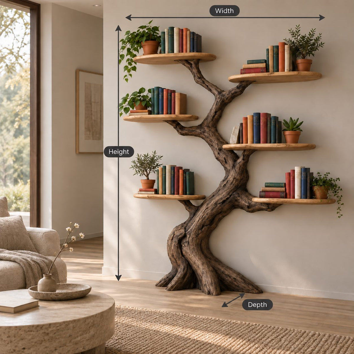 Oval-Shelf Tree Wall Mounted Bookshelf - Solid Wood Branch Bookcase for Living Room & Study