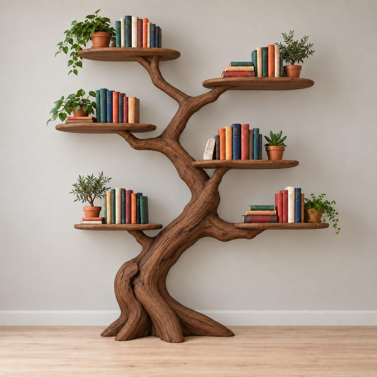 Oval-Shelf Tree Wall Mounted Bookshelf - Solid Wood Branch Bookcase for Living Room & Study