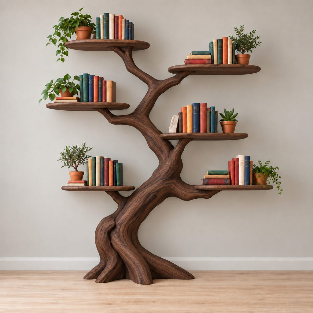 Oval-Shelf Tree Wall Mounted Bookshelf - Solid Wood Branch Bookcase for Living Room & Study
