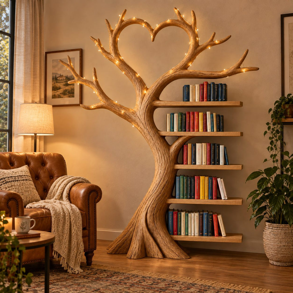 Heart-Canopy Tree Solid Wood Bookshelf - Freestanding Bookcase for Bedroom & Living Room