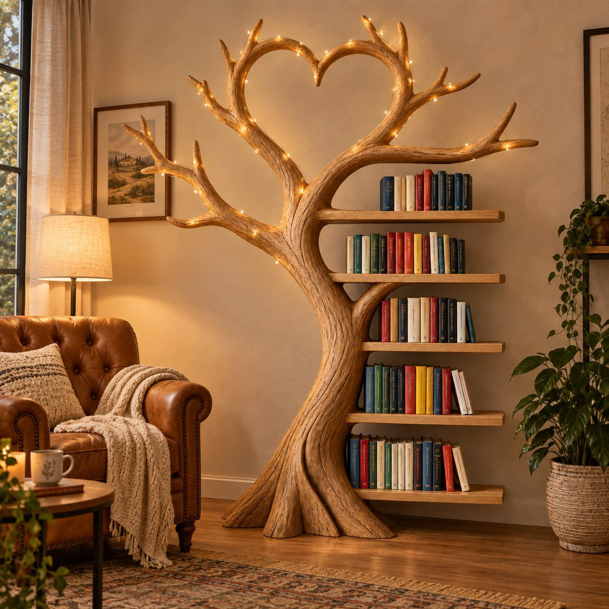 Heart-Canopy Tree Solid Wood Bookshelf - Freestanding Bookcase for Bedroom & Living Room