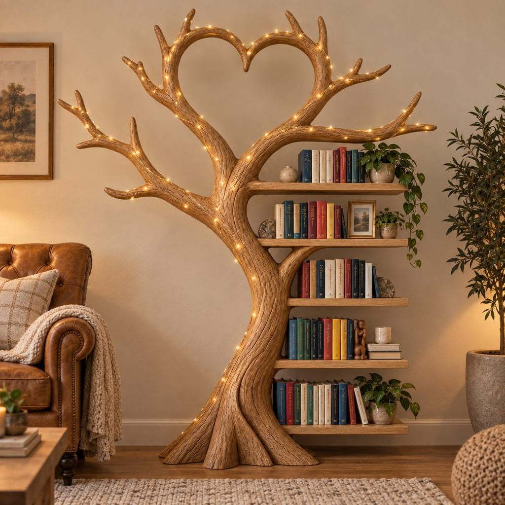 Heart-Canopy Tree Solid Wood Bookshelf - Freestanding Bookcase for Bedroom & Living Room