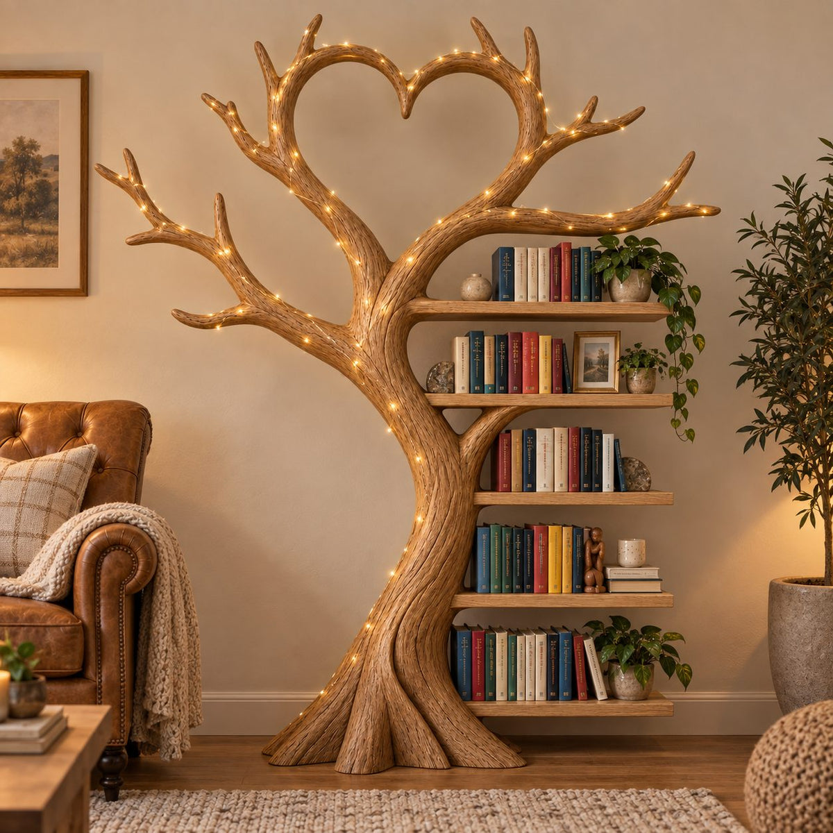 Heart-Canopy Tree Solid Wood Bookshelf - Freestanding Bookcase for Bedroom & Living Room