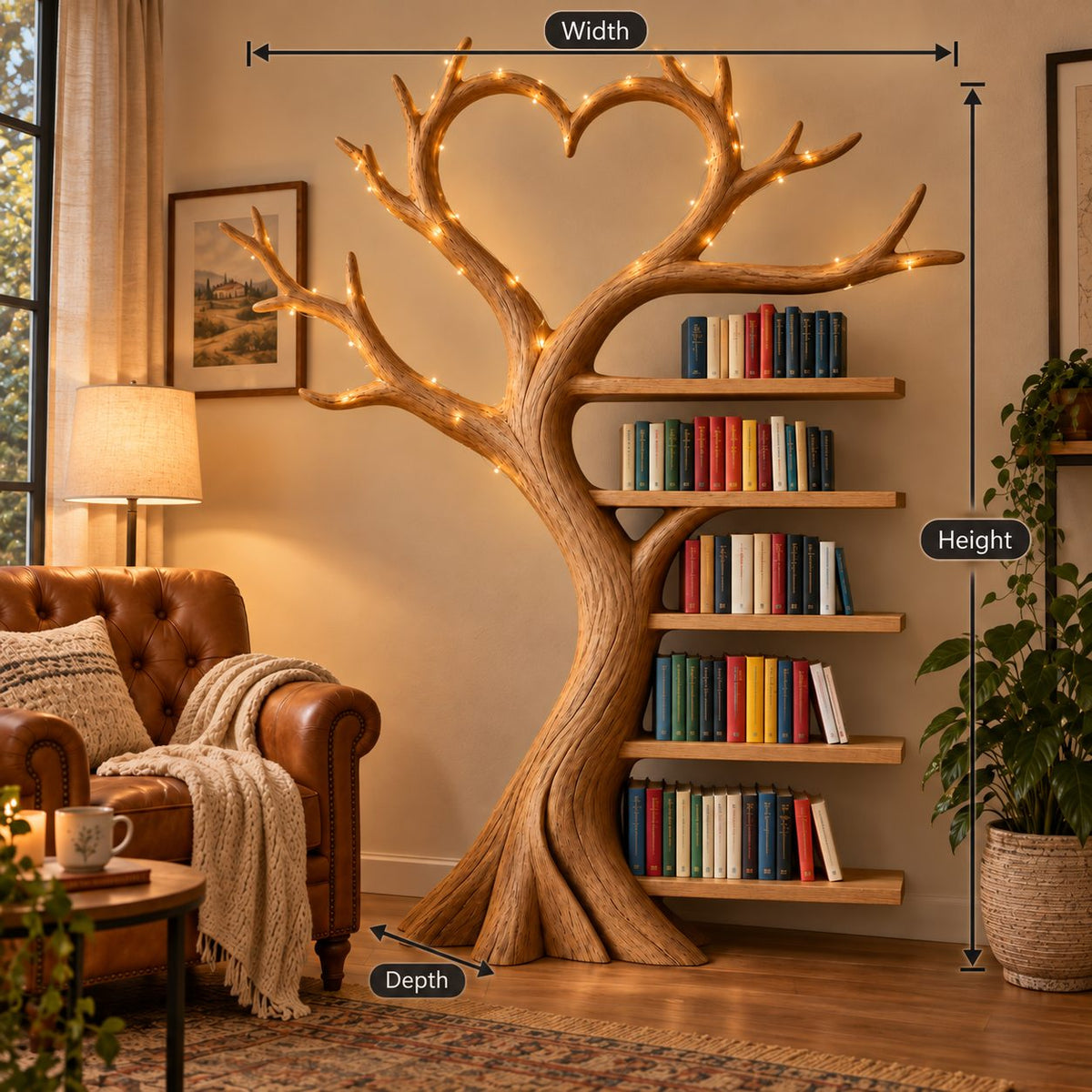 Heart-Canopy Tree Solid Wood Bookshelf - Freestanding Bookcase for Bedroom & Living Room