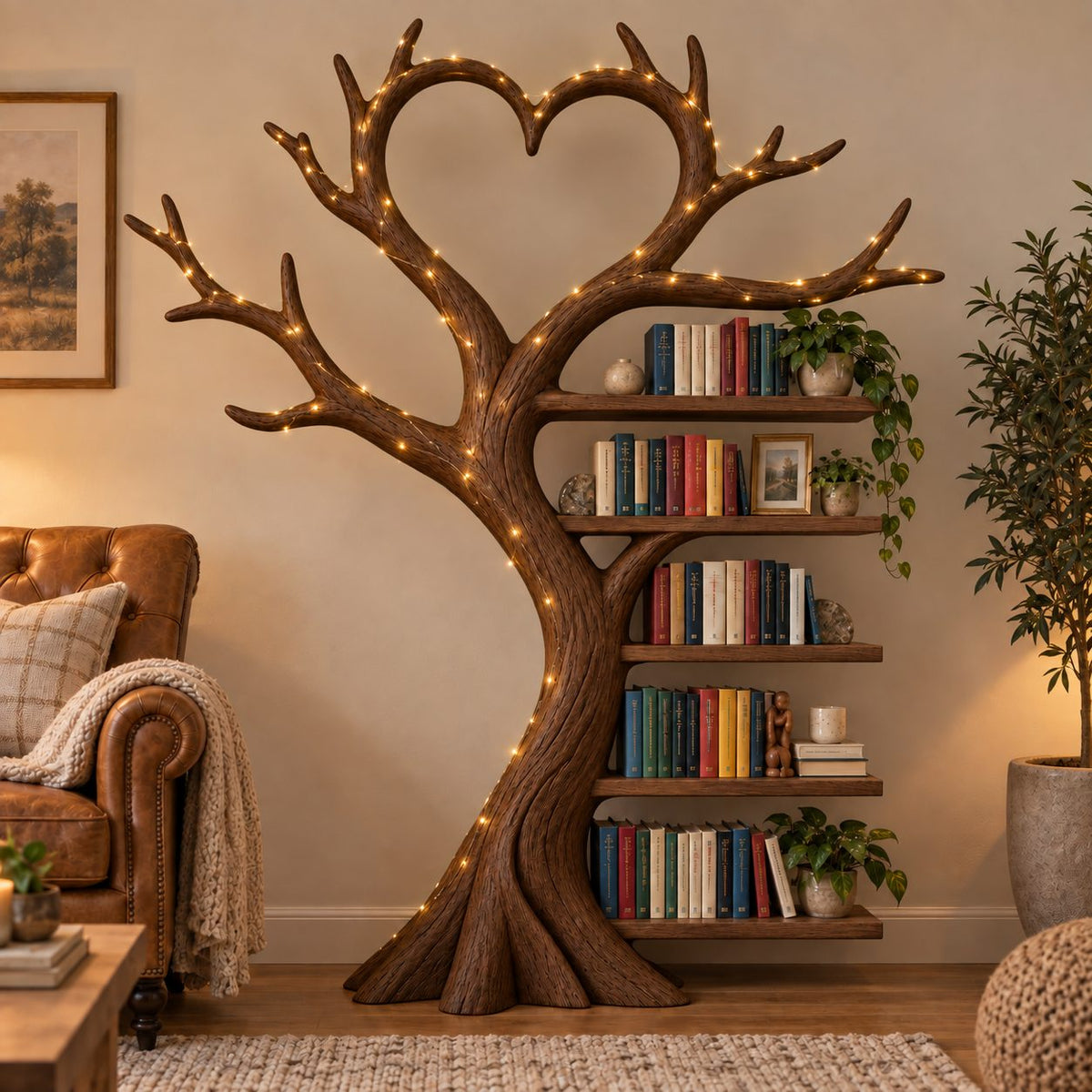 Heart-Canopy Tree Solid Wood Bookshelf - Freestanding Bookcase for Bedroom & Living Room
