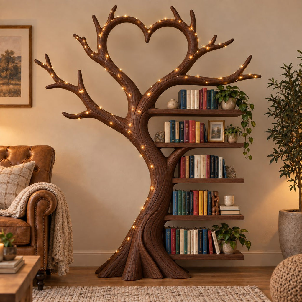 Heart-Canopy Tree Solid Wood Bookshelf - Freestanding Bookcase for Bedroom & Living Room
