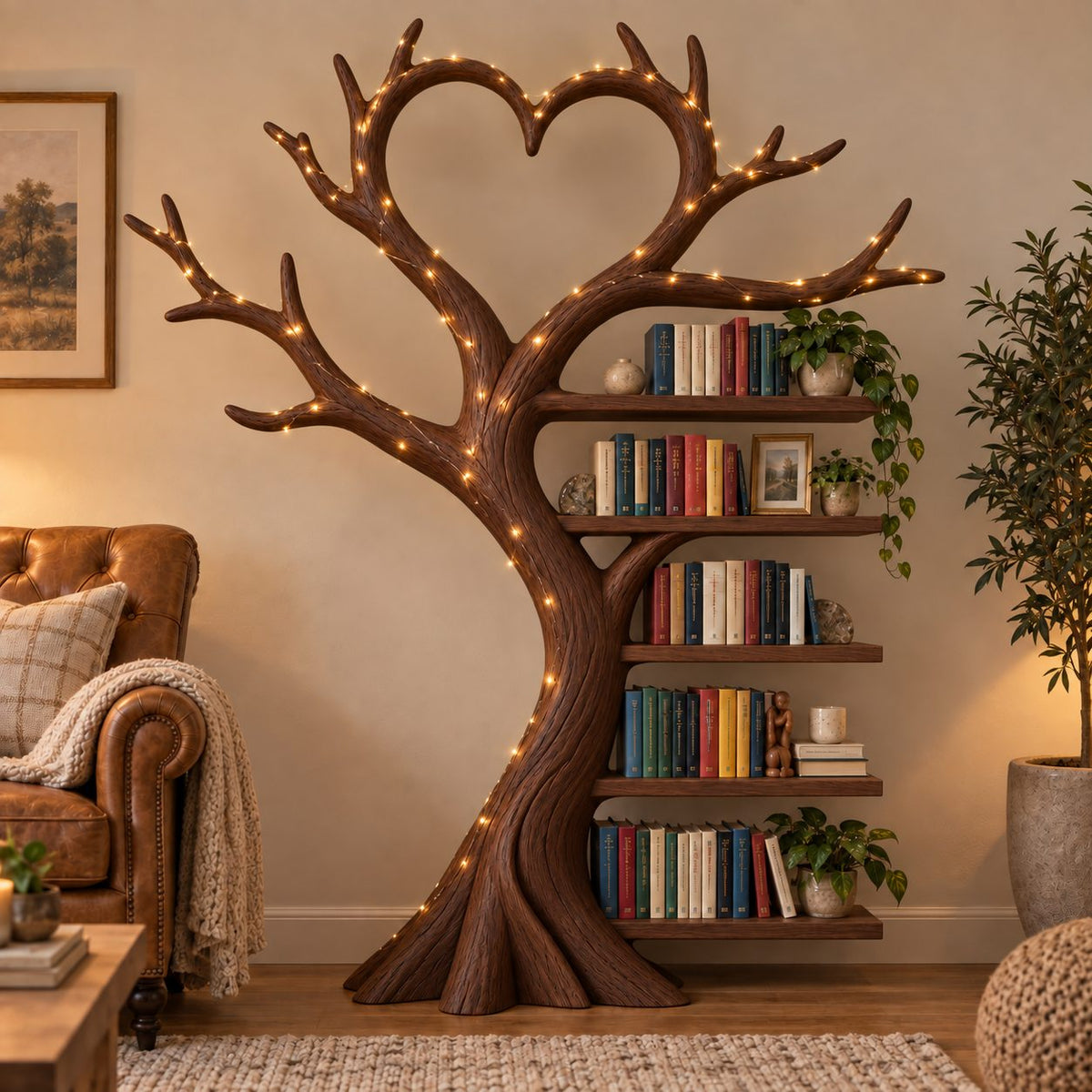 Heart-Canopy Tree Solid Wood Bookshelf - Freestanding Bookcase for Bedroom & Living Room