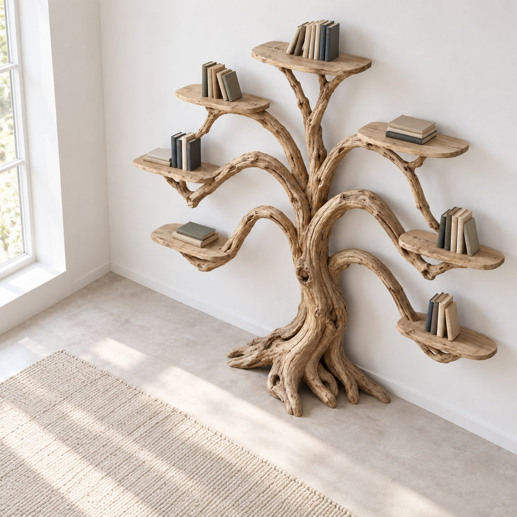 Symmetrical Tree-Branch Wall Mounted Bookshelf - Solid Wood Bookcase for Living Room