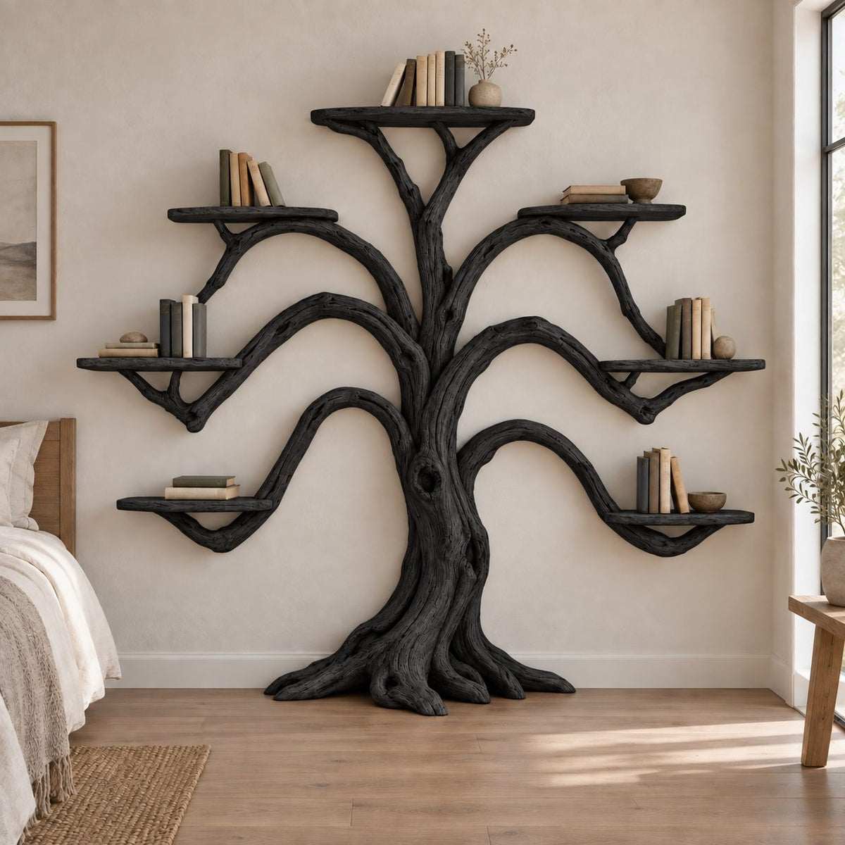 Symmetrical Tree-Branch Wall Mounted Bookshelf - Solid Wood Bookcase for Living Room