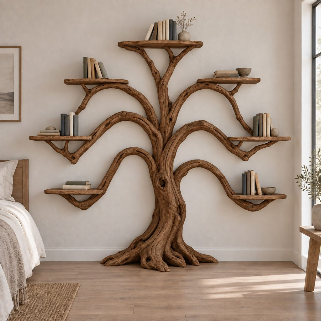 Symmetrical Tree-Branch Wall Mounted Bookshelf - Solid Wood Bookcase for Living Room