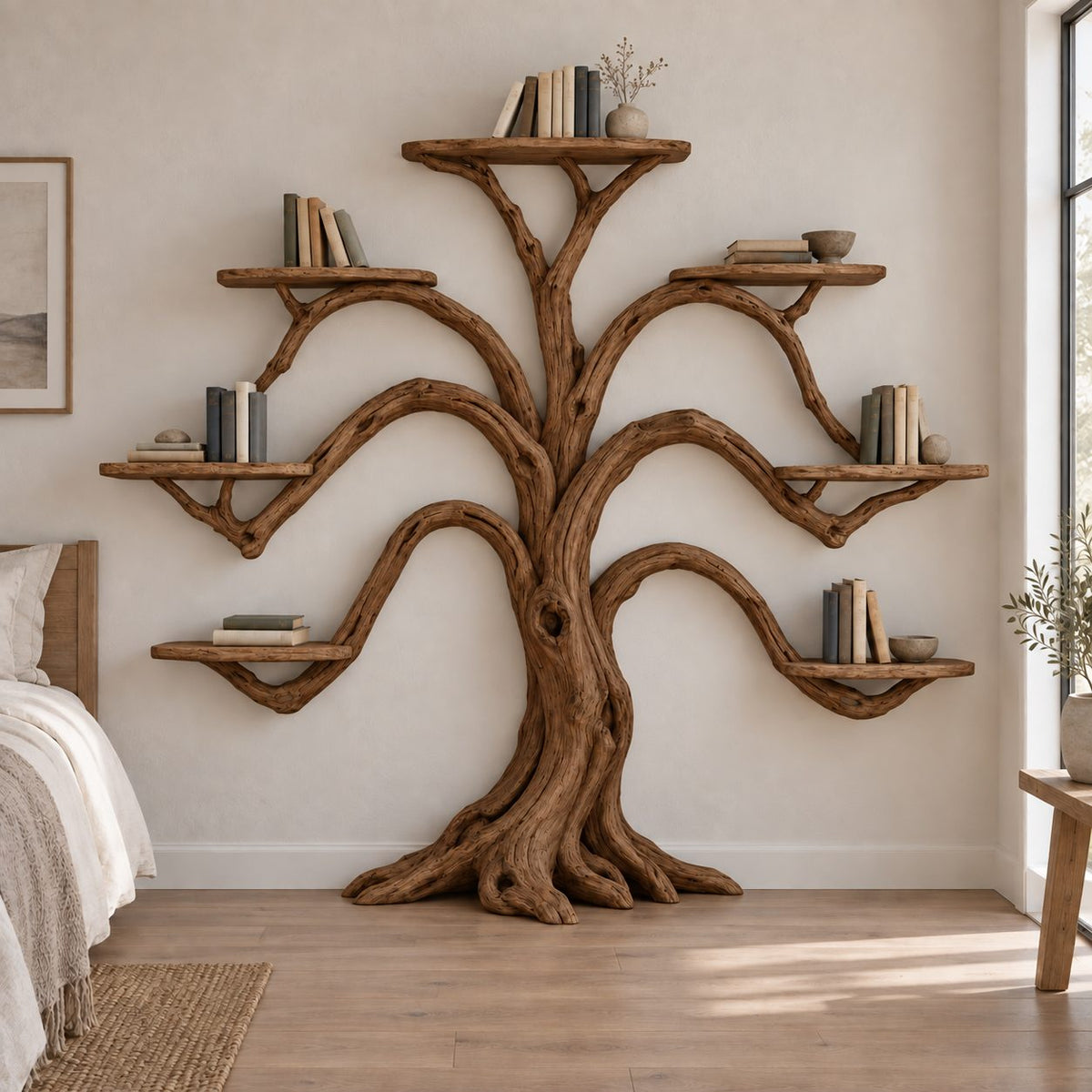 Symmetrical Tree-Branch Wall Mounted Bookshelf - Solid Wood Bookcase for Living Room