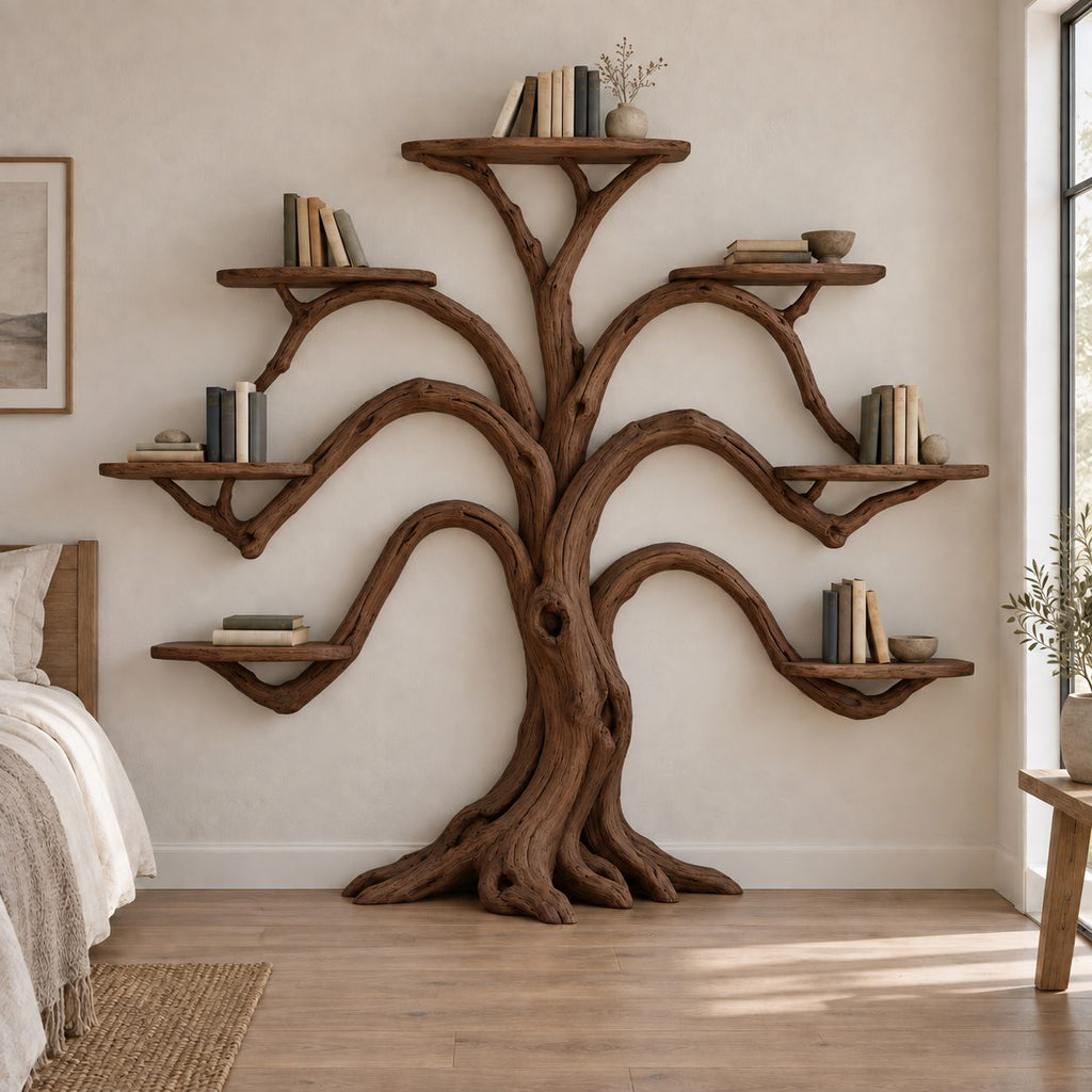 Symmetrical Tree-Branch Wall Mounted Bookshelf - Solid Wood Bookcase for Living Room