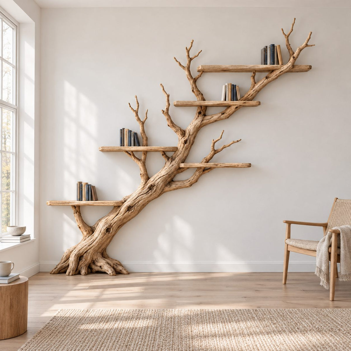 Diagonal Branch Wall Mounted Bookshelf - Solid Wood Tree Bookcase for Living Room & Study