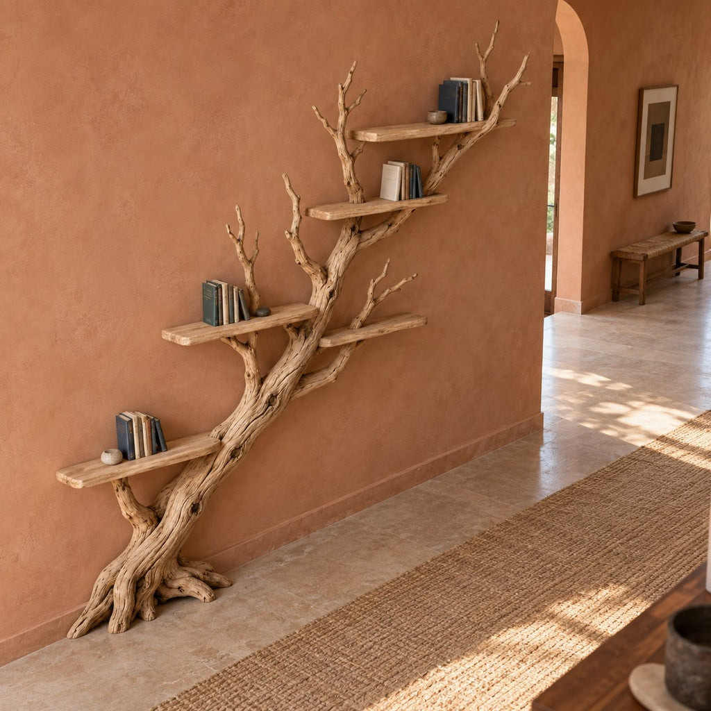 Diagonal Branch Wall Mounted Bookshelf - Solid Wood Tree Bookcase for Living Room & Study