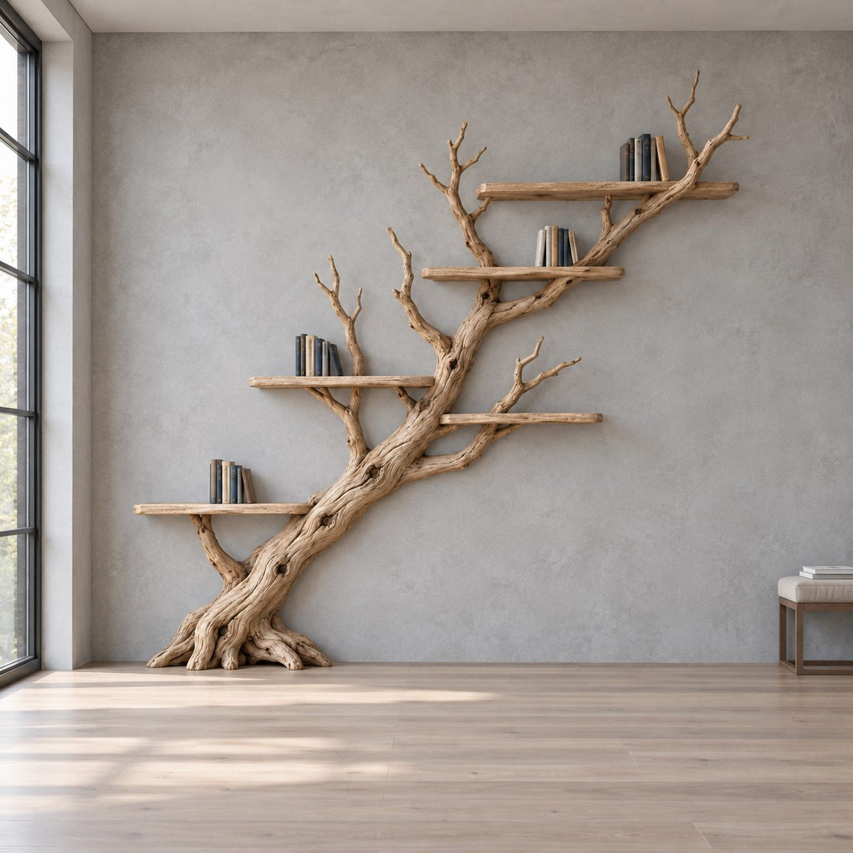 Diagonal Branch Wall Mounted Bookshelf - Solid Wood Tree Bookcase for Living Room & Study
