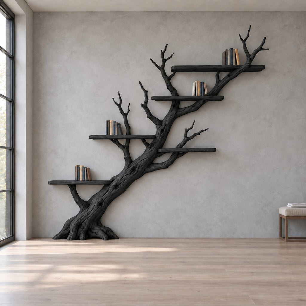 Diagonal Branch Wall Mounted Bookshelf - Solid Wood Tree Bookcase for Living Room & Study