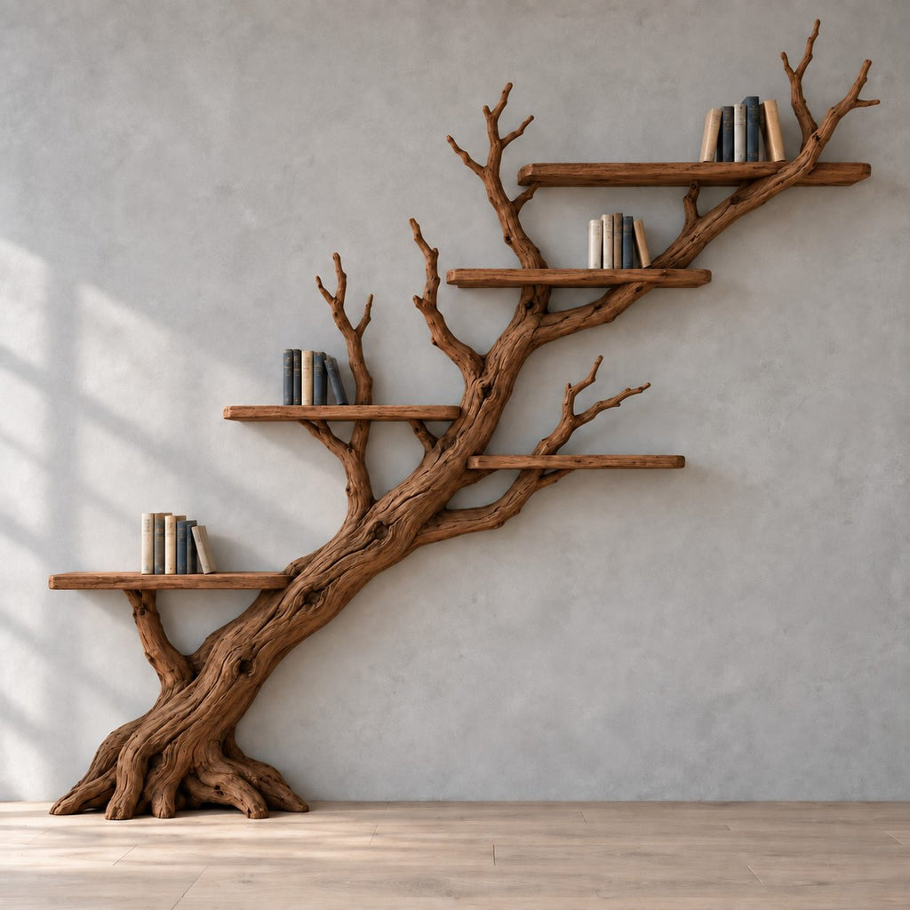 Diagonal Branch Wall Mounted Bookshelf - Solid Wood Tree Bookcase for Living Room & Study
