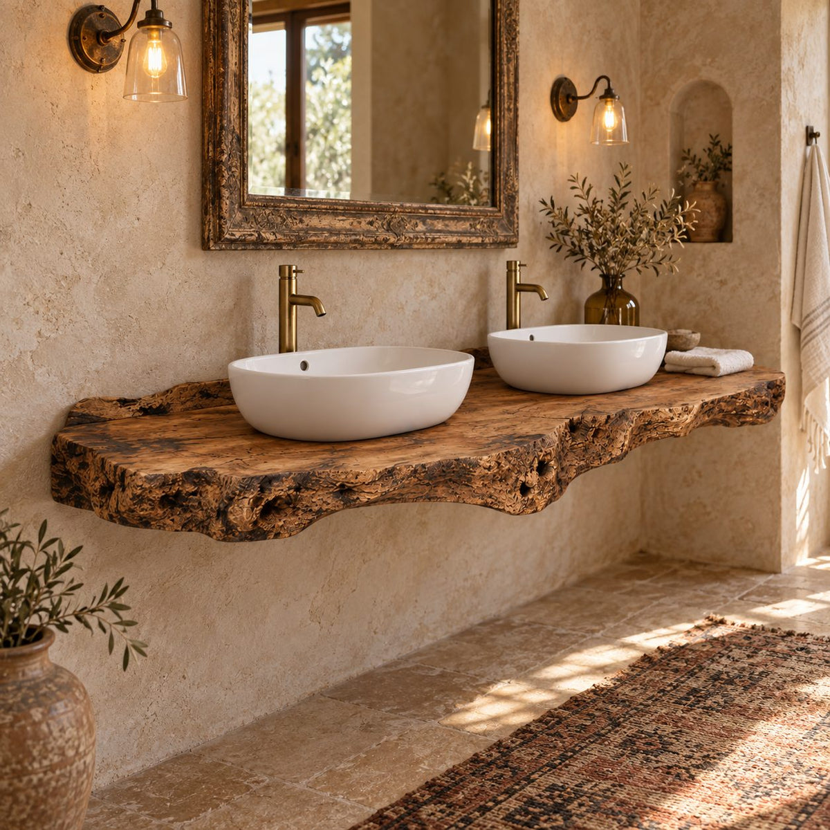 Double-Sink Floating Live-Edge Solid Wood Bathroom Vanity | Twin Vessel Basin Washstand for Bathroom & Powder Room