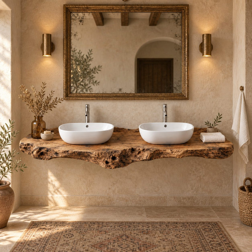 Double-Sink Floating Live-Edge Solid Wood Bathroom Vanity | Twin Vessel Basin Washstand for Bathroom & Powder Room