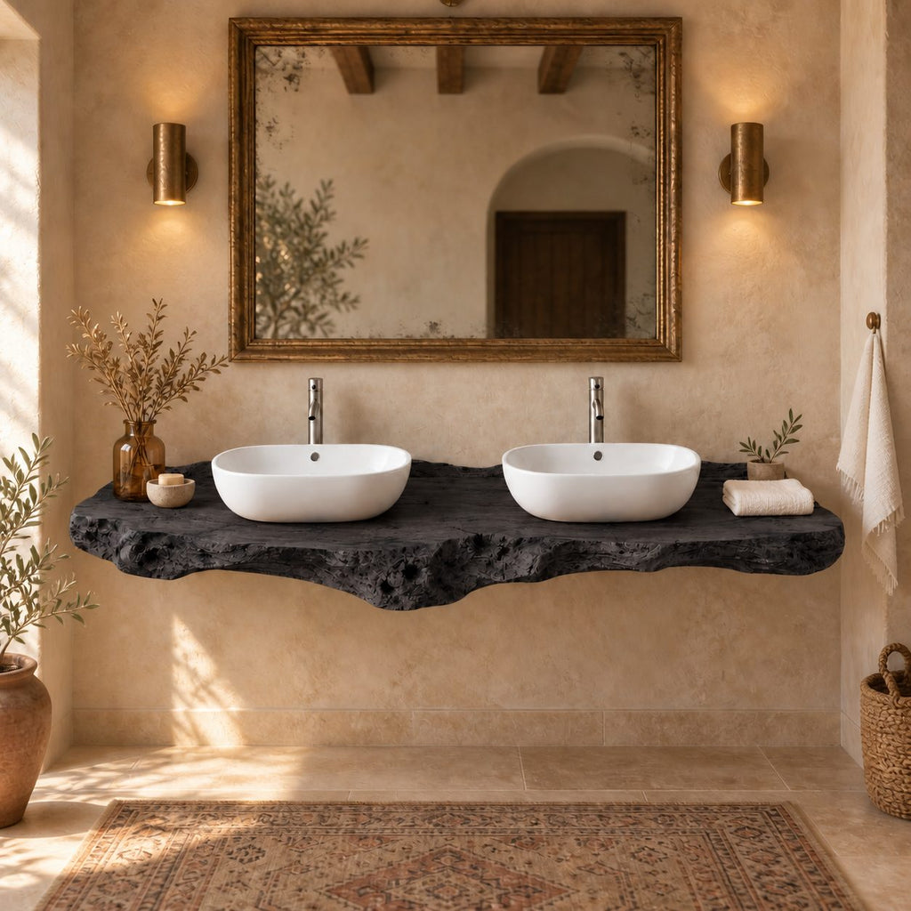 Double-Sink Floating Live-Edge Solid Wood Bathroom Vanity | Twin Vessel Basin Washstand for Bathroom & Powder Room