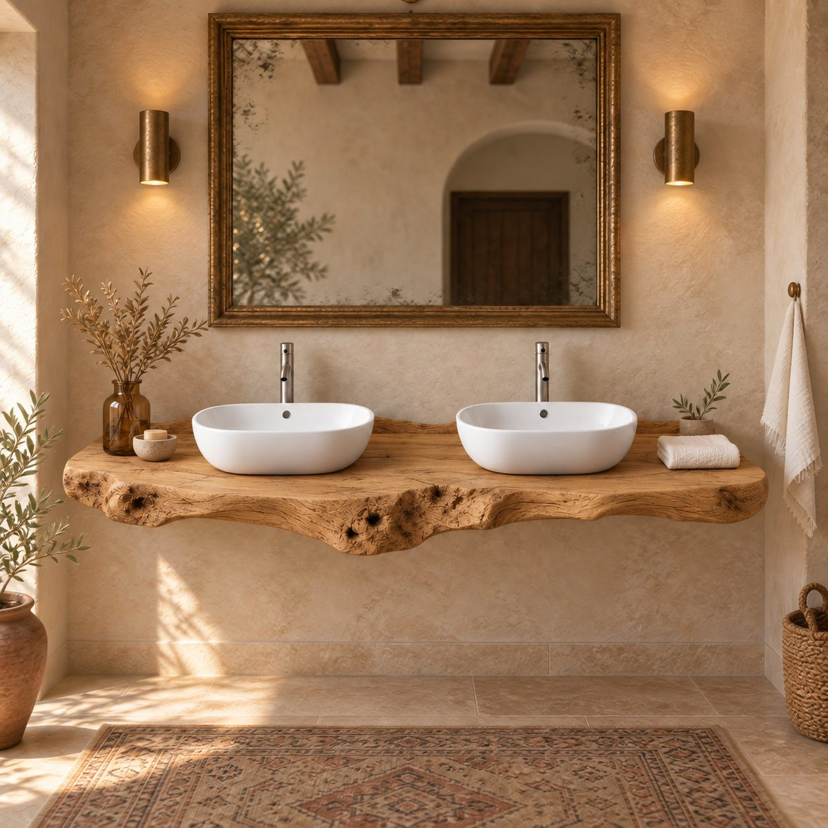 Double-Sink Floating Live-Edge Solid Wood Bathroom Vanity | Twin Vessel Basin Washstand for Bathroom & Powder Room