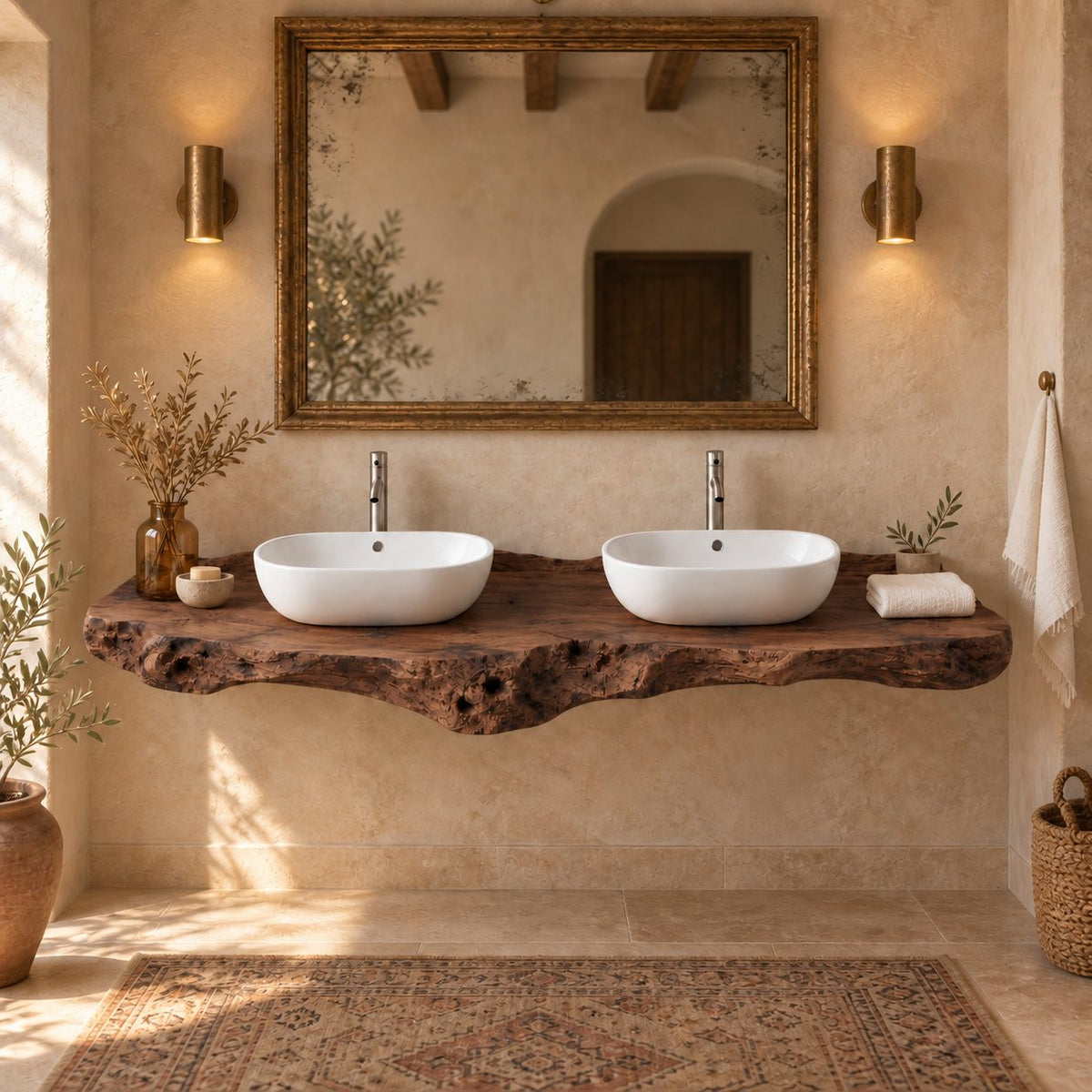 Double-Sink Floating Live-Edge Solid Wood Bathroom Vanity | Twin Vessel Basin Washstand for Bathroom & Powder Room
