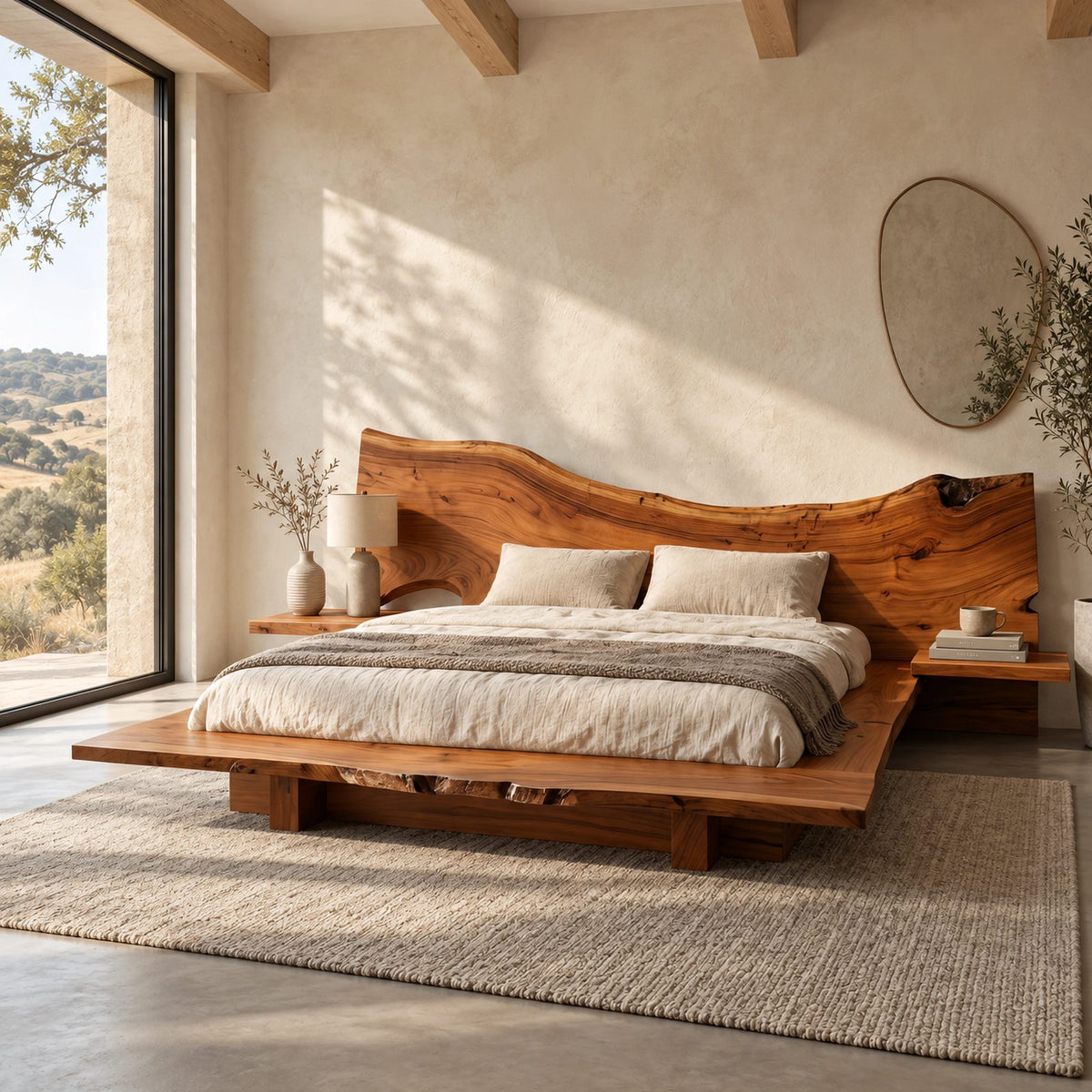 Modern Live Edge Platform Bed With Bedside Ledges For Bedroom
