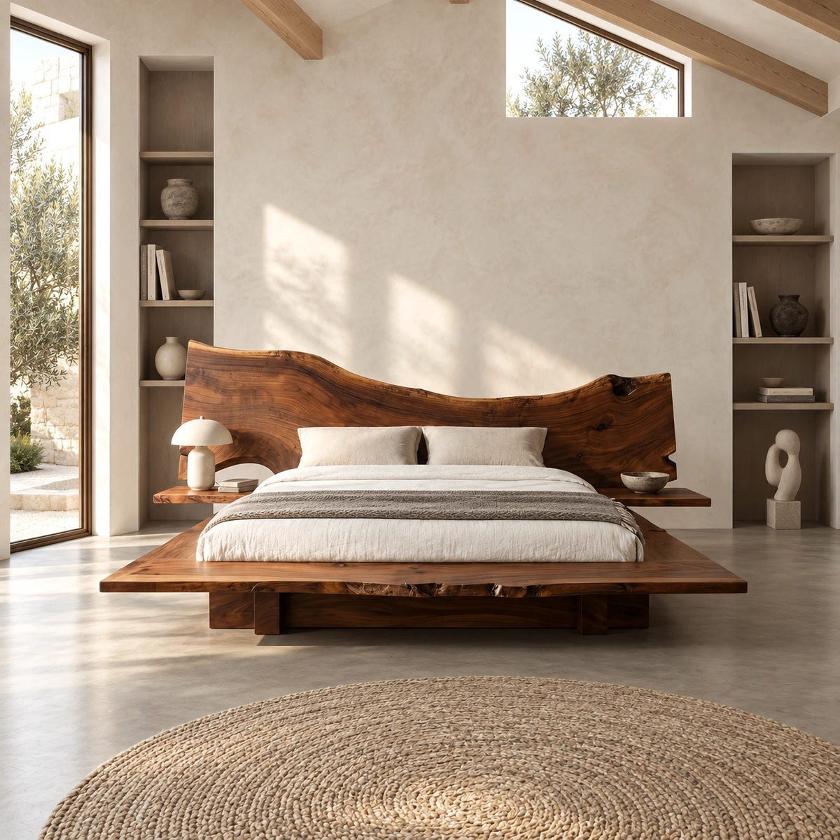 Modern Live Edge Platform Bed With Bedside Ledges For Bedroom