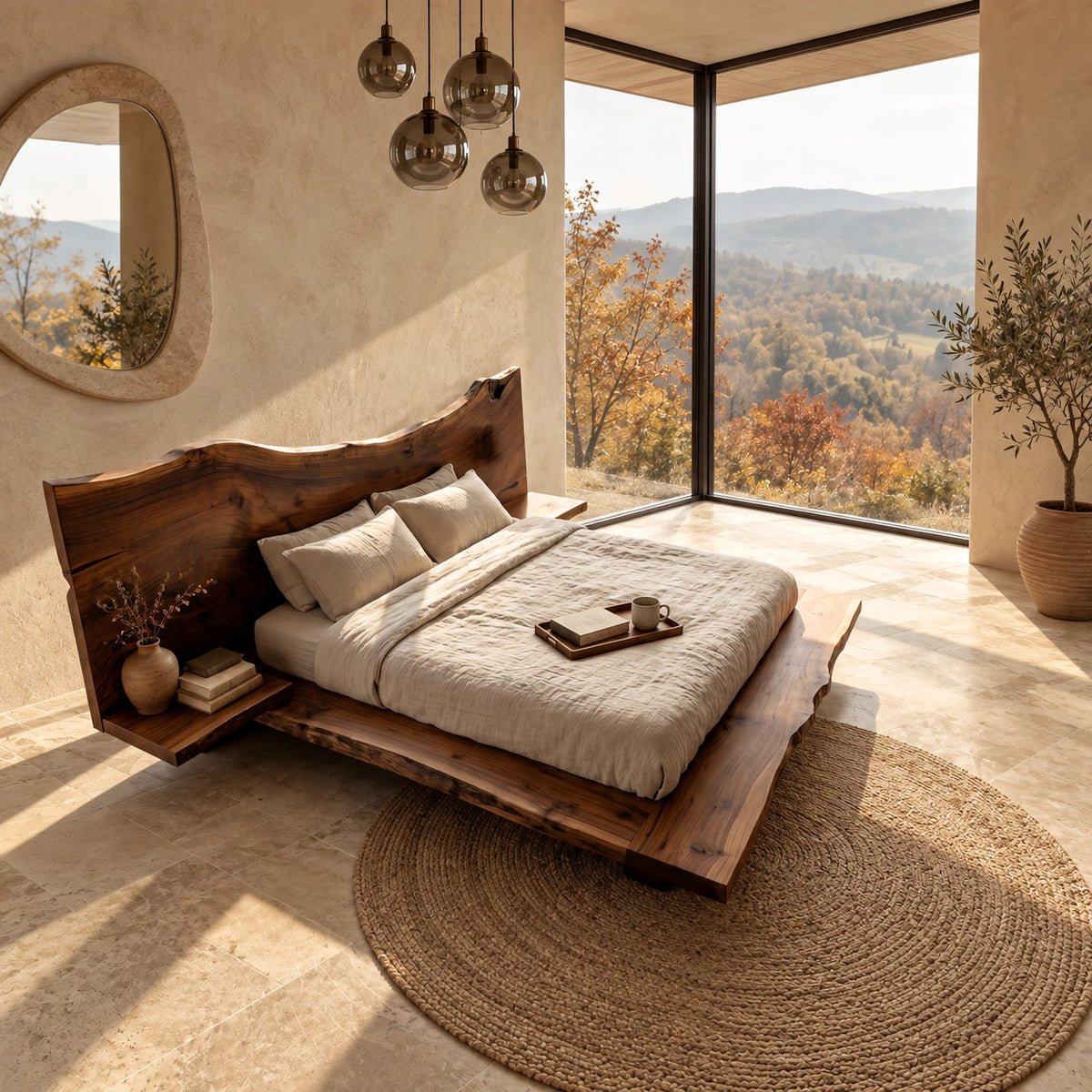 Modern Live Edge Platform Bed With Bedside Ledges For Bedroom
