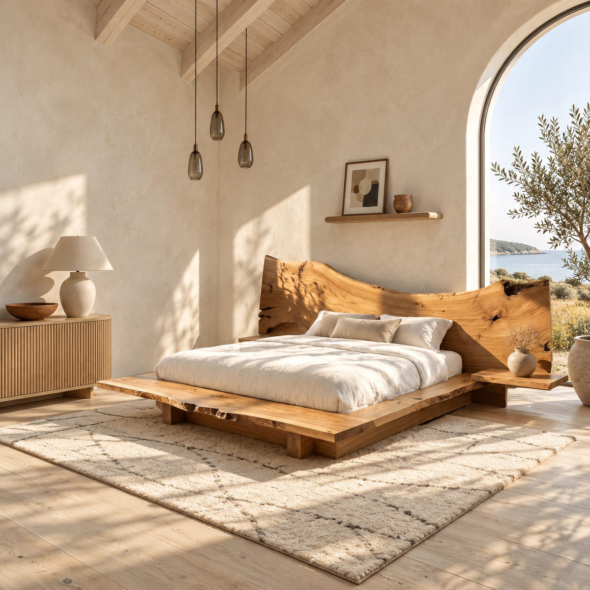 Modern Live Edge Platform Bed With Bedside Ledges For Bedroom