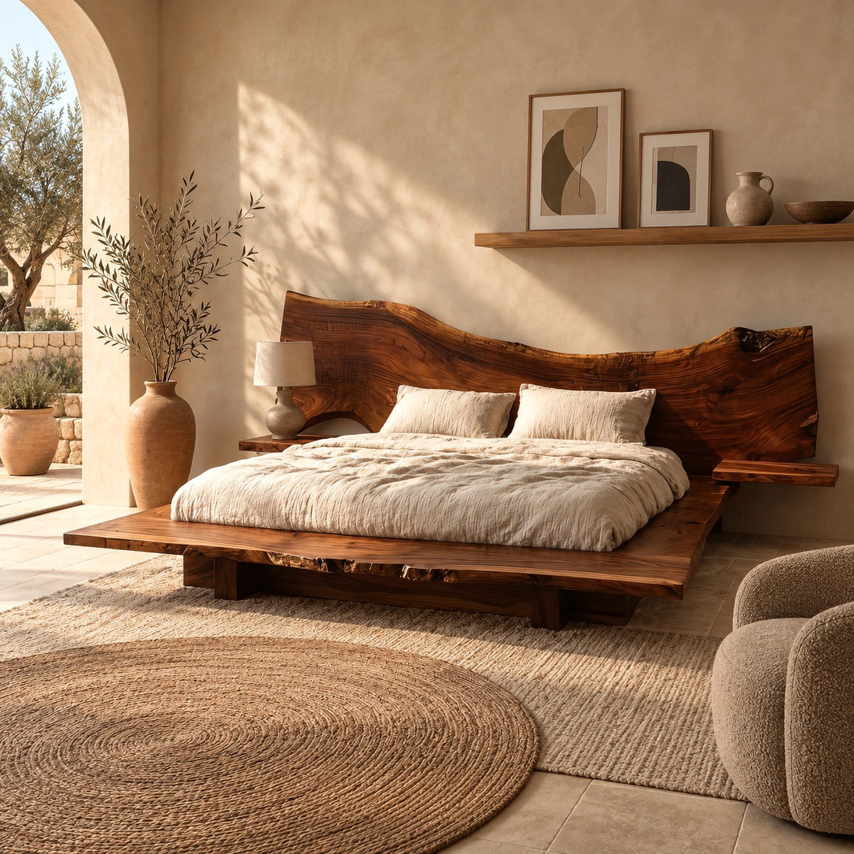 Modern Live Edge Platform Bed With Bedside Ledges For Bedroom