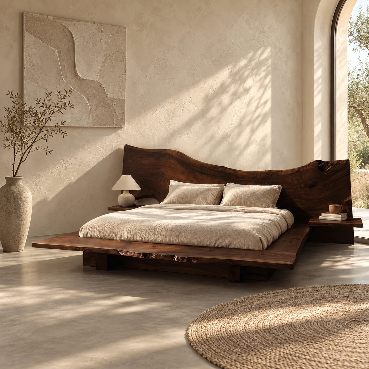 Modern Live Edge Platform Bed With Bedside Ledges For Bedroom