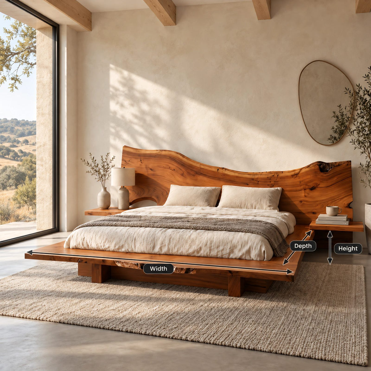 Modern Live Edge Platform Bed With Bedside Ledges For Bedroom
