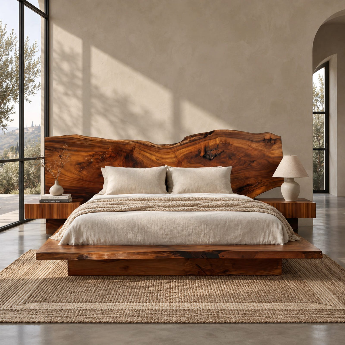 Organic Live Edge Slab Bed Frame With Floating Platform For Bedroom